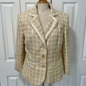 Vintage Tweed Amanda Smith Women's Cream Plaid Blazer Size 14 W